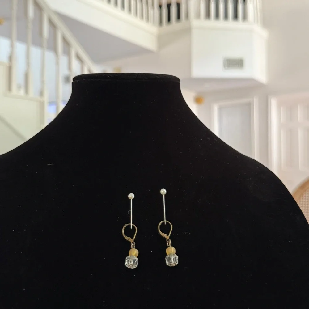 Gold Tone and Clear Bead Drop Earrings